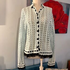 Vintage Anthropologie M One Girl Who Sweater Blue Crochet Knit Fringe Cardigan
